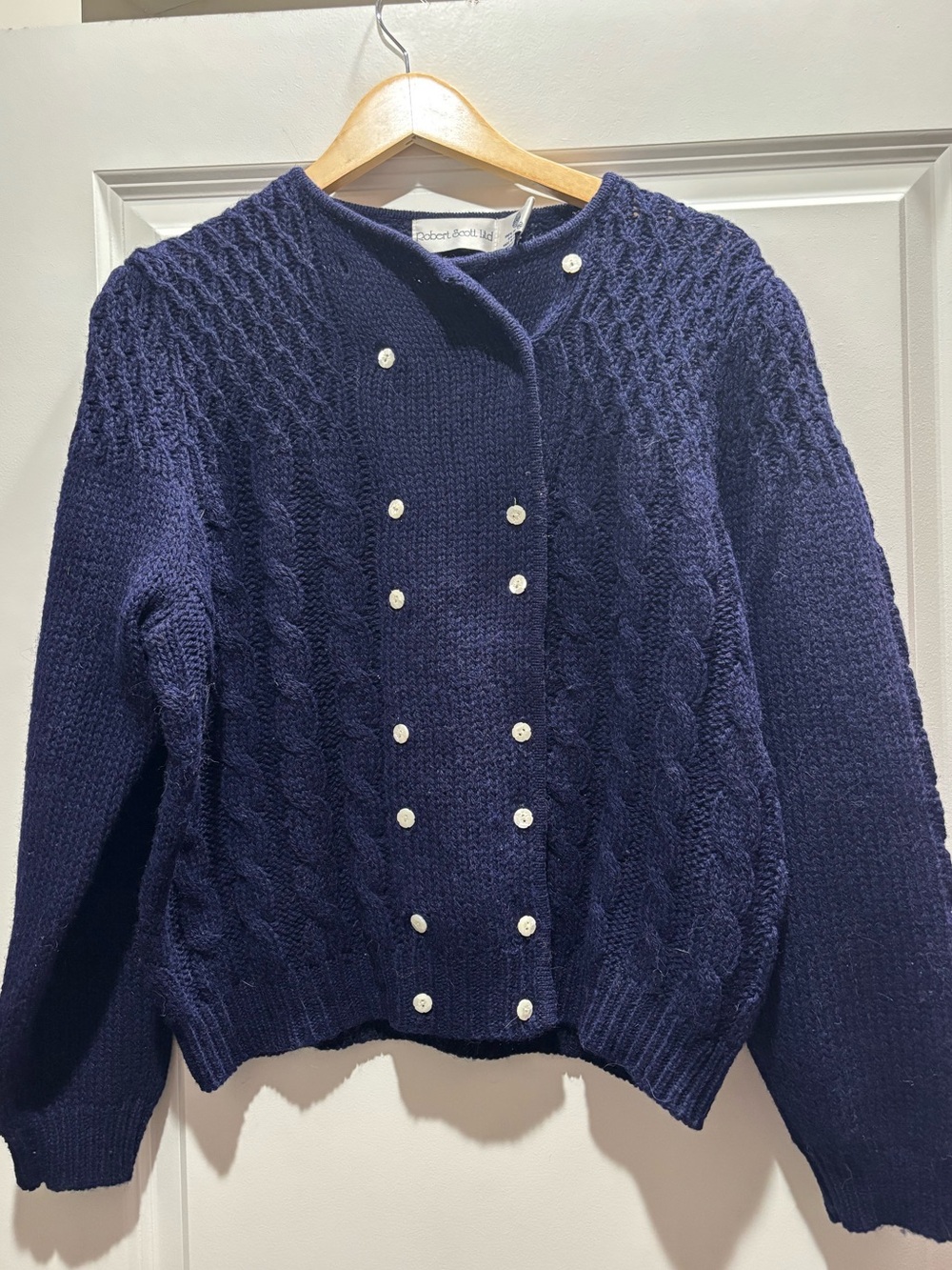 Vintage Robert Scott Ltd 100% WoolClassic Navy Cable Cardigan w Pearl Buttons